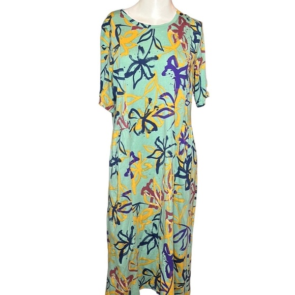 LOGO Lori Goldstein Green & Floral Jersey Knit Midi/ Maxi Dress Sz Sm Art 2 Wear - Picture 1 of 13